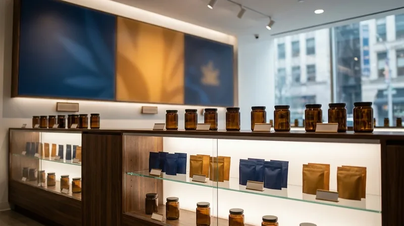 Minimal retail shelf of jars and pouches, Idaho Hemp, CBD and THC Laws for Businesses
