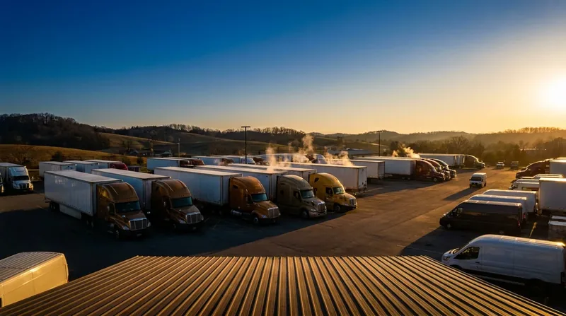 Box trucks and semis at a logistics yard, How to Start a Trucking Company in Idaho